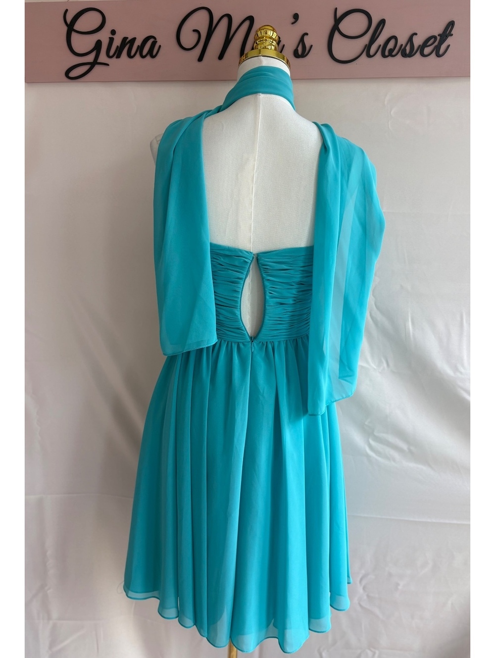 Mori Lee Aqua Blue Strapless Ruched Chiffon Cocktail Dress with Shawl, Size 6 - Picture 2 of 6